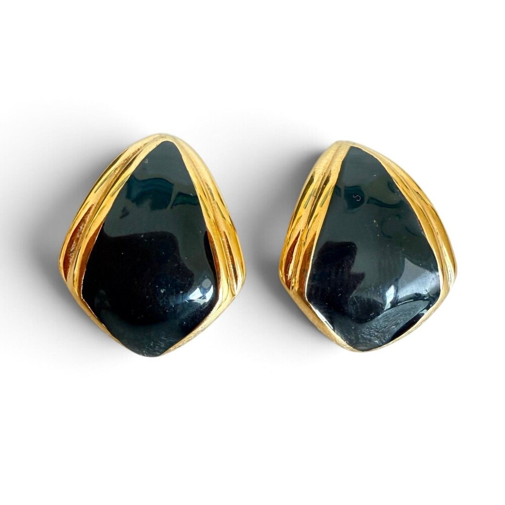 Vintage 1970s Monet Gold Tone Black Enamel Freeform Shield Clip On Earrings DES